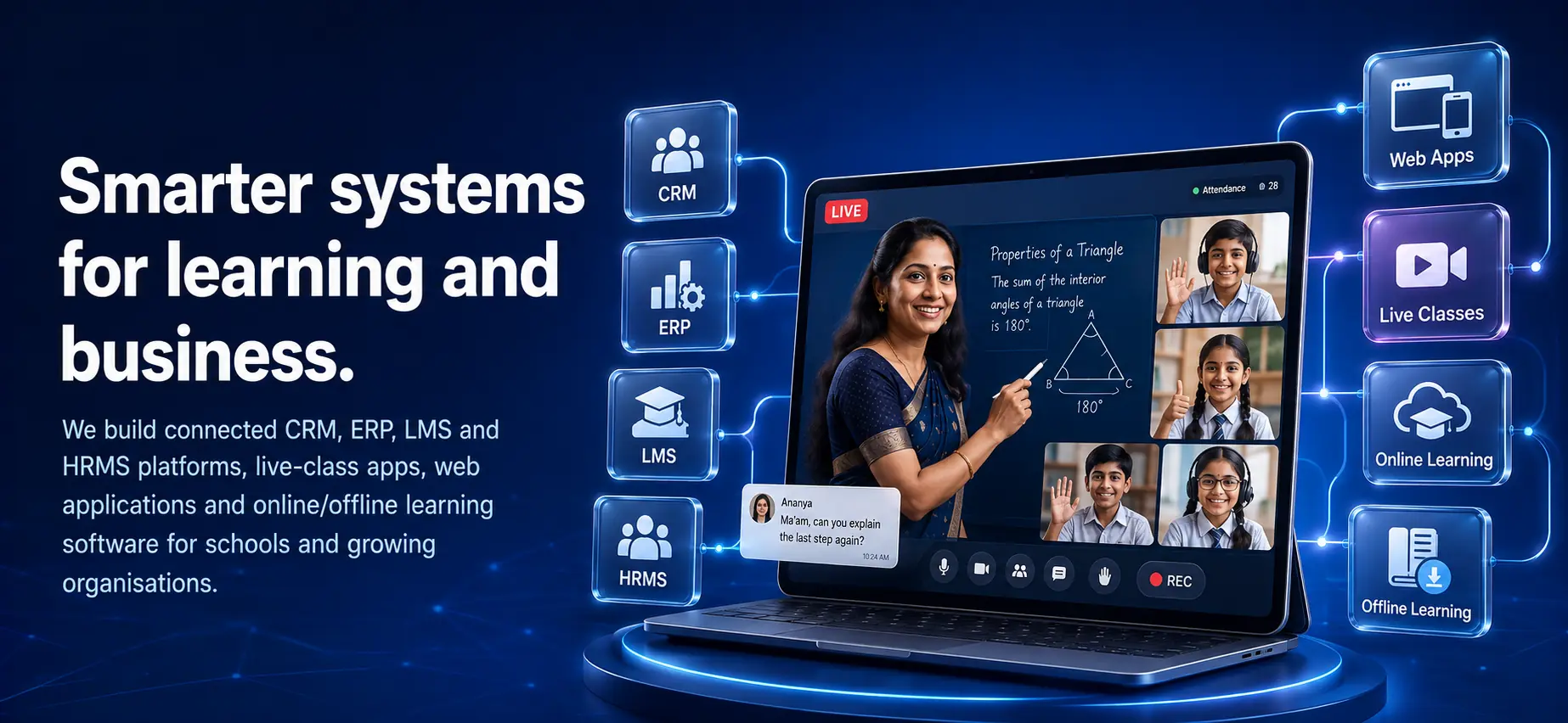 Teacher and students in a live class connected to CRM, ERP, LMS, HRMS and web applications